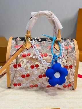 L V Clear Floral Charm Tote Bag in Blue and Red